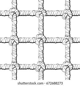 Rope with knots seamless pattern on white background. Marine backdrop. Endless net illustration with loop vector ornament. Maritime style. Design for fabric, textile, wallpaper, wrapping.