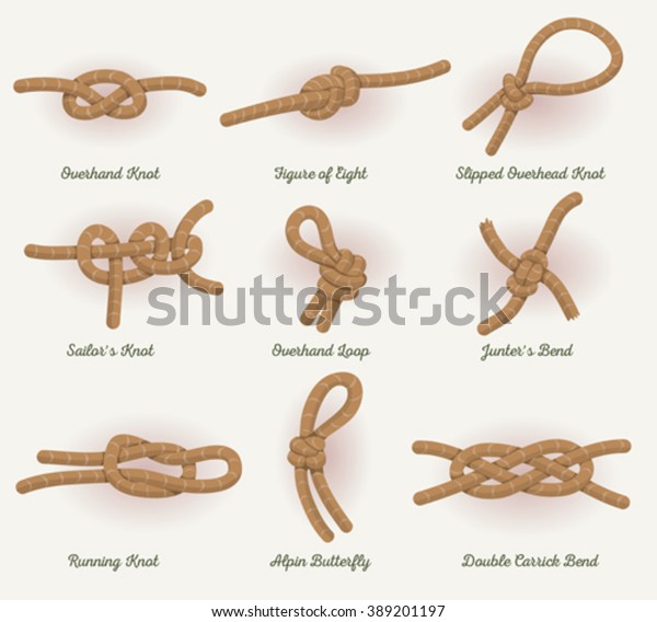 Rope Knots\
Set/\
Illustration of a set of marine, fisher and sailor rope knots\
icons, with noose, slipknot, tightrope, bowstring and other nodes\
specialties, with text\
legends