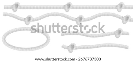 Rope knots set isolated on white background. Vector realistic illustration of 3D cord loop or tied thick string, marine equipment, nautical design element, decorative thread made of twisted fiber