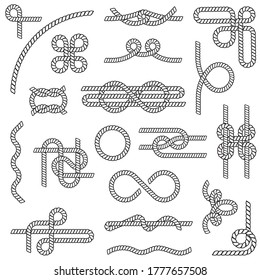 Los nudos de los cuernos están listos. Varios nudos náuticos, bucles, lasso, anillo. Bordes de cadena de estilo vintage para conceptos marinos, náuticos o marinos