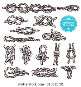 Rope knots sketch set with different hitches and bends on white background isolated vector illustration