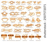 Rope knots types. Nautical knot cartoon cord loop node overhand square bowline sailor bend fisherman yachting marine ship connect, thread string nodes swanky vector illustration original artwork