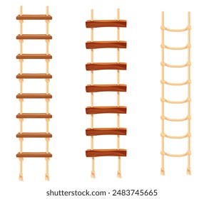 Rope ladder. Bind staircase ropes ladders with wooden steps rod, vertical upstairs or horizontal bridges portable stair for climbing up and down, cartoon neat vector illustration