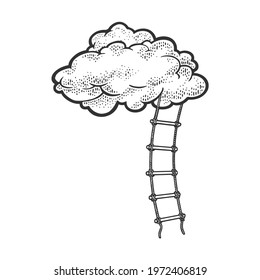 Rope ladder to cloud sketch engraving vector illustration. Stairs to heaven metaphor. T-shirt apparel print design. Scratch board imitation. Black and white hand drawn image.