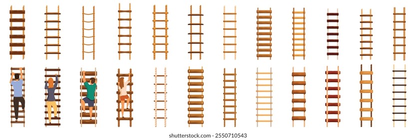 Ícones de escada de cordas definidos. As pessoas estão subindo diferentes tipos de escadas de madeira, representando o crescimento da carreira, o desenvolvimento pessoal e a busca do sucesso