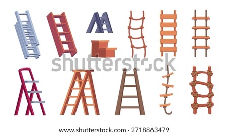 Rope ladders. Climbing tools collection of different wooden ladders exact vector cartoon set isolated