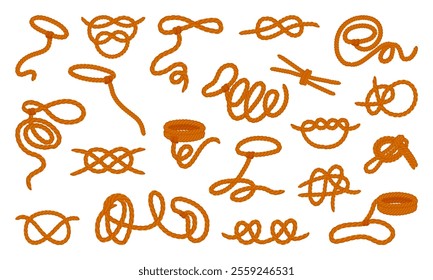 Rope lasso. Cowboy equipment for horses, isolated rodeo string lasso. Different types twisted threads. Various nautical knots, marine tools neoteric vector set