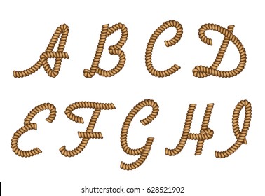Rope latin alphabet from A to I. Capital letters made from nautical cord. Isolated on white background. Graphic design vector element for wedding invitations, baby shower, birthday card, scrapbooking.