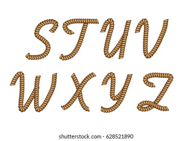 Rope latin alphabet from S to Z. Capital letters made from nautical cord. Isolated on white background. Graphic design vector element for wedding invitations, baby shower, birthday card, scrapbooking.