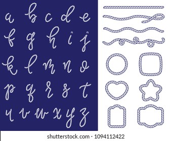 Rope latin alphabet from a to z and set of shapes. Letters made from nautical cord isolated on white background. Laser cut template. Graphic design vector element for wedding invitations, baby shower