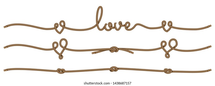 Rope lettering and design elements on the theme of love. Vector illustration EPS 10.