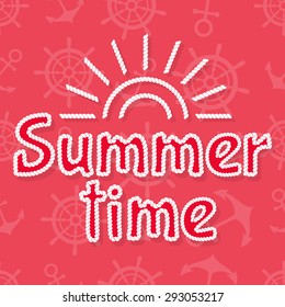 Rope lettering 'summer time' and rope sun on pink background with white helms and anchors vector illustration