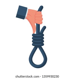 Rope with a loop for hanging in hand. Suicide is not good. Dislike weapon. Cartoon style. Vector illustration flat design. Isolated on white background. Lynching inhumanely. Symbol of death penalty