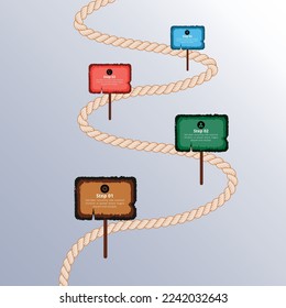 Seilkarte mit Infografiken aus Holz. Ablaufdiagramm-Stufen-Label, Datenvisualisierung Infografik-Präsentation Banner-Design.