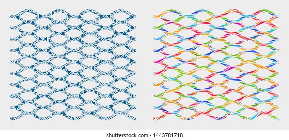 Rope mesh mosaic icon of triangle elements which have different sizes and shapes and colors. Geometric abstract vector illustration of rope mesh.
