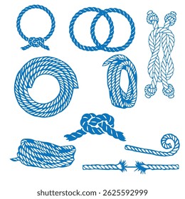 Cuerda para montañismo, cuerda de mar, nudos y bucles. Dibujo de Vector de diferentes Elementos de cuerda. Sobre un fondo transparente.