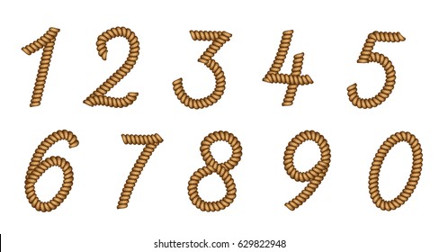Rope numbers 0, 1, 2, 3, 4, 5, 6, 7, 8, 9. Digits made from nautical cord. Isolated on white background. Graphic design vector element for wedding invitation, baby shower, birthday card, scrapbooking.