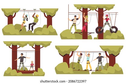 Rope park attractions scenes banners set, flat vector illustration isolated on white background. Collection of people walking and climbing between trees on ropewalk.