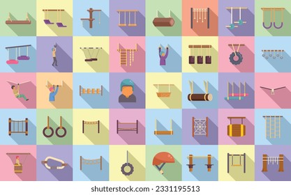 Rope park icons set flat vector. Adult forest. Course adventure