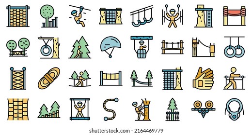 Rope park icons set outline vector. Walk adult. Sport forest thin line color flat on white