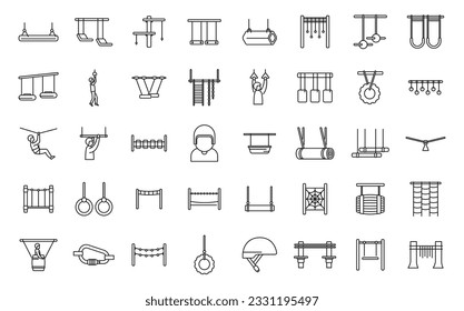 Rope park icons set outline vector. Adult forest. Course adventure