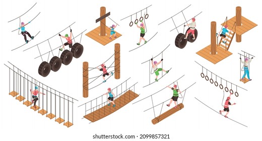 Rope park isometric color set of sport objects designed for training in town parks isolated vector illustration