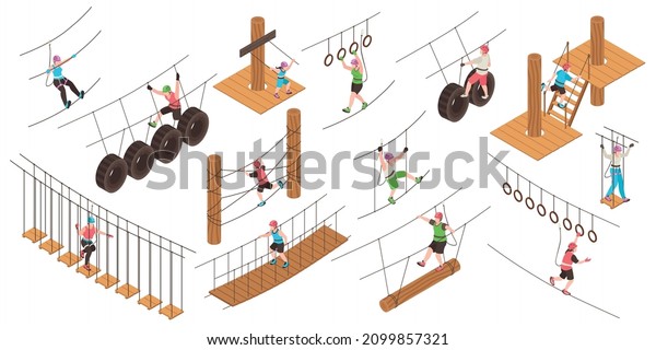 Rope park\
isometric color set of sport objects designed for training in town\
parks isolated vector\
illustration