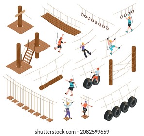 Rope park isometric set of extreme equipment elements so as ropewalk zipline tires walk isolated vector illustration