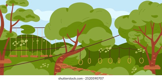 Paisagem de parque de corda. Atração de aventura com pontes suspensas e passarelas. Escalar árvores. Anéis e registros. Superação de obstáculos. Parque infantil de alpinismo. Garish