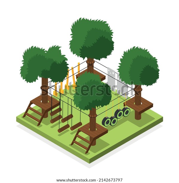 Rope park landscape isometric vector\
illustration with suspended bridge zip line tires walk elements of\
equipment for extreme\
training