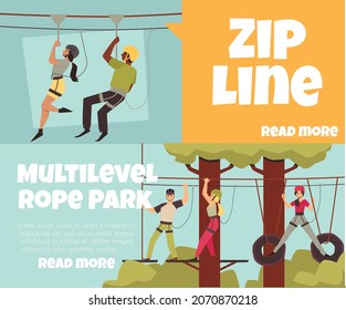 Rope park multilevel and zipline attractions horizontal banners set, flat vector illustration. Posters with people walking and climbing on ropewalk attraction.