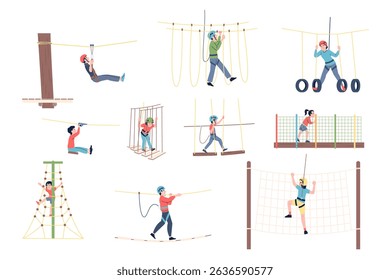 Rope park. People activity spend time in adventure nature park with different attractions. Family outdoor weekend entertainment and sport, recent vector scenes