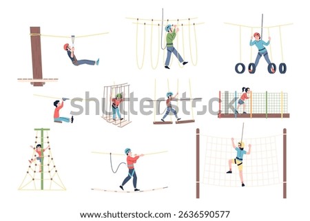 Rope park. People activity spend time in adventure nature park with different attractions. Family outdoor weekend entertainment and sport, recent vector scenes