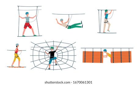 Rope park set - cartoon people with safety equipment going through obstacle course, wooden bridge and climbing spider web. Flat isolated vector illustration