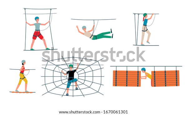 Rope park set - cartoon\
people with safety equipment going through obstacle course, wooden\
bridge and climbing spider web. Flat isolated vector\
illustration
