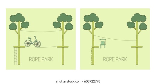 Rope park track on the trees. Vector illustration.