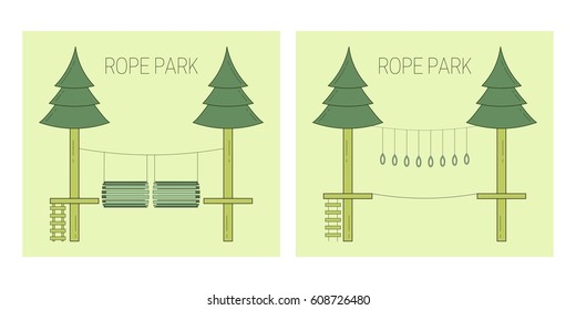 Rope park track on the trees. Vector illustration.