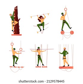 Rope Park. Walk Forest Adventure Constructions On Trees Garish Vector Rope Sport Walking