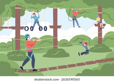 Rope park walking. Extreme entertainment attractions in forest. Outdoor fun family activity, sport climbing training. Weekend time on nature, recent vector scene