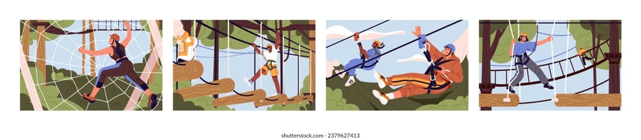 Rope park with zip line, obstacle course set. People climb on trees, overcome challenges. Summer recreation, extreme entertainment, adventure playground. Active lifestyle. Flat vector illustration