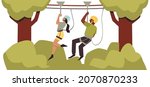 Rope park zipline section with people moving on safety cord, flat vector illustration isolated on white background. Men and women having fun at adventure park.