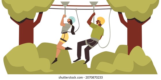 Rope park zipline section with people moving on safety cord, flat vector illustration isolated on white background. Men and women having fun at adventure park.