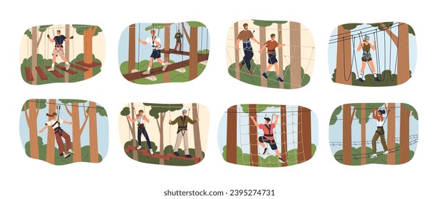 Rope park, zipline set. People climbing web, walking on aerial bridge among trees in nature, forest. Outdoor summer activity at height. Flat graphic vector illustrations isolated on white background