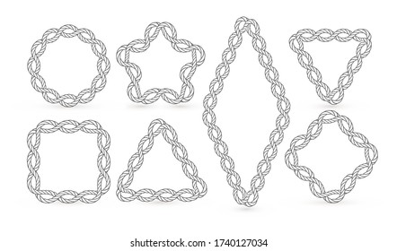 Rope photo frames icons set. Nautical decorative elements collection. Retro sailor knots. Vintage seaman equipment vector illustration. Isolated geometrical shapes contour. Marine, maritime signs. 