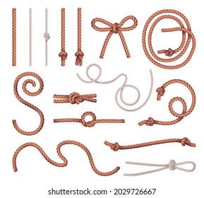 Rope pieces decorative shapes different knots types realistic set with overhand bowline anchor hitch isolated vector illustration