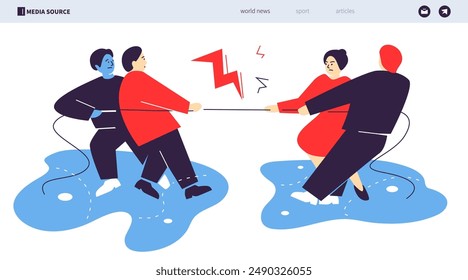 Rope pulling - colorful flat design style illustration with linear elements. Composition with two teams of people are fighting among themselves for the championship. Rivalry and confrontation