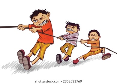 Rope pulling game, Kids playing tug of war game, kids expression.