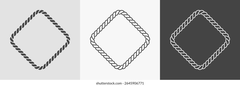 Rope rhomb frames. Set of border cord silhouette, line art and inversion. Seamless shape. Jewelry design, text frame. Vector illustration