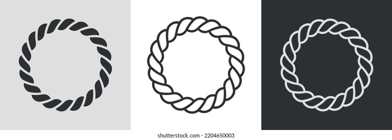 Rope round frames. Set of circle border cord silhouette, line art and inversion. Seamless wreath circle shape. Jewelry design, text frame. Hair scrunchy. Vector illustration