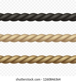 Rope seamless border set isolated on transparent background. Vector realistic texture string, jute, thread, cord or gym training rope pattern.